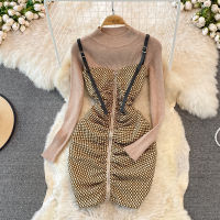 2022 Spring Autumn Zebra Pattern Pleated Suspender Fashion Bag Hip Dress Two-Piece Stand-Up Collar Knitted Bottoming Sweater