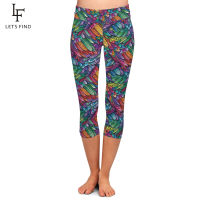 LETSFIND Summer Style 3D Colorful Feathers Design Digital Printing Capri Leggings High Waist Women Mid-Calf 34 Pants Plus Size