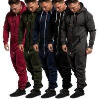 Winter Mens Color-blocking Jumpsuit Fashion Trend Warmth One-piece Clothing Thick And Fleece Hooded Clothing With Pockets