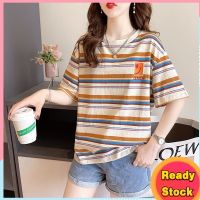 พร้อมส่ง เสื้อยืดแขนสั้น ปักลายทาง ทรงหลวม พลัสไซซ์ แฟชั่นฤดูร้อน สําหรับผู้หญิง V728