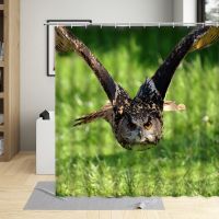 Flying Owl Green Grass Printing Shower Curtain Waterproof Fabric Home Decor Cute Bird Wall Screens Bathroom Curtains With Hooks