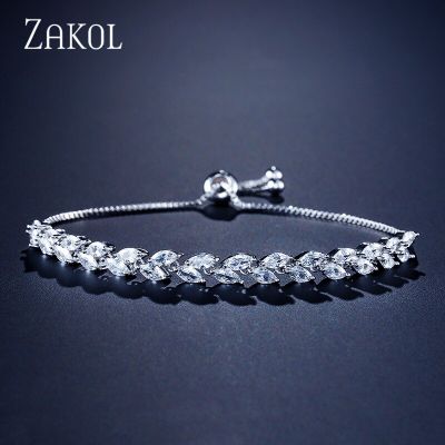 ZAKOL Trendy Cubic Zirconia Leaf Bridal Bracelets Bangle for Women White Color Crystal Adjustable Bracelet Wedding Jewelry