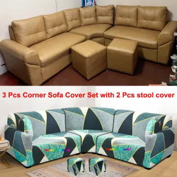 3 Pcs Corner Sofa Cover Set with 2 Pcs Footstool Cover Stretchable