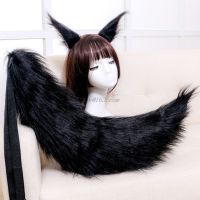 2Pcs Cat Ears And Wolf Fox Animal Tail Cosplay Costume Faux Fur Hair Clip Headdress Halloween Birthday Party Plush Set