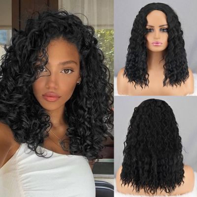 【jw】✎  Wine Blond Split Afro Wig Medium-Length Curly Synthetic Hair Ladies Bob