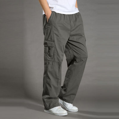 2021Mens Casual Trousers Cotton Overalls Elastic Waist Full Len Multi-Pocket Plus Fertilizer Mens Clothing Big Size Cargo Pants