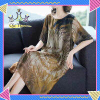 【จัดส่งที่รวดเร็ว✨】Women Dress Plus Size Ice Silk Printed Short-sleeved Crew-neck Mid-length Dress