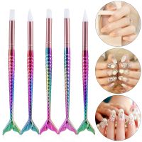 Dual ended Rainbow Fish Tail Mermaid Nail Art Brush Silicone Dotting Sculpture Pen Hollow Carving Emboss Shaping Acrylic Gel Tip