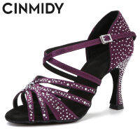 CINMIDY รองเท้าเต้นรำละตินผู้หญิงซาติน R Hinestones ด้านล่างนุ่มพรรครองเท้าเต้นรำซัลซ่ารองเท้าเต้นรำสุภาพสตรีรองเท้าแตะแต่งงาน7.5เซนติเมตร