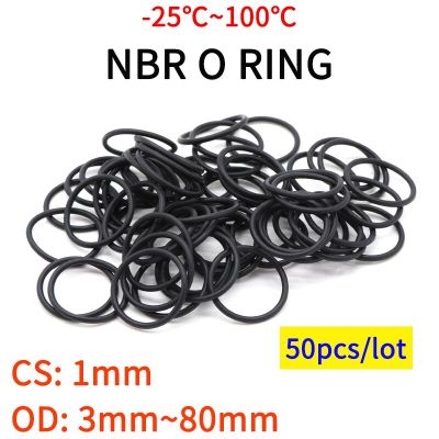 50pc NBR O Ring Seal Gasket Thickness CS 1mm OD 3~80mm Nitrile Butadiene Rubber Spacer Oil Resistance Washer Round Shape Black Bearings Seals