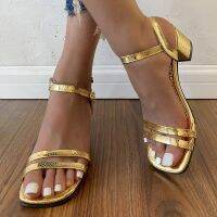 Gold PU Leather High Heels Sandals Women Summer Ankle Buckle Thick Heel Sandles Woman Sexy Open Toe Gladiator Sandalias De Mujer