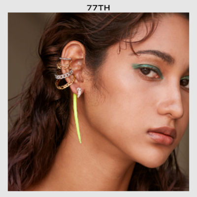 77TH - Crystals Long Hook Neon Post back ต่างหูแป้นประดับคริสตัลสีนีออน