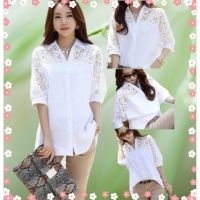 COD DSFERTRETRE [Ready Stock] Tops Womens Plus Size Short-Sleeved White Shirts Summer New Style Loose Casual Hollow Lace Fat mm Chiffon Shirt