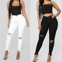 【YD】 New Woman Pants Ripped Plain Jeans Waist Streetwear Denim Trousers Fashion Stretch