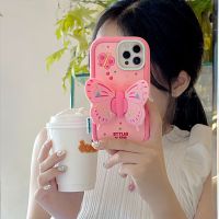 3D เคสที่วางโทรศัพท์ลายการ์ตูนรูปผีเสื้อน่ารักสำหรับ IPhone 13 11 12 14 Pro Max ซิลิโคนนิ่มฝาปิดมีที่ยึด