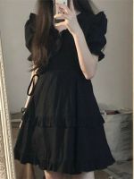 【Ready】? retro tempeent little black dress h ears V neck waist slimg dress summer a-le female student an versn