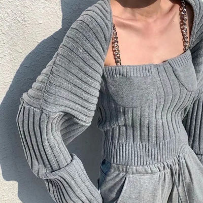 [EWQ]Beige Knitted Suit Square Collar Sleeveless Top 2021 Autumn Knitted Sweater Bishop Long Sleeve Cardigan Two Piece Set Women