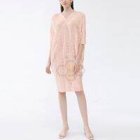 ┅❀▩ Aiden001 Average Size(45-75Kg) Summer High Elasticity Non-Ironing Fold Pink Age-Reducing Thin Striped Mid-Length Batman Sleeve Bronzing Dress 6141