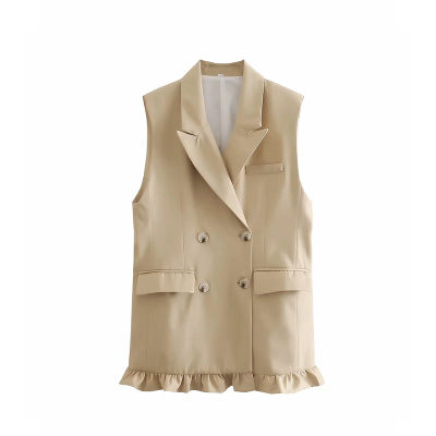 Za  Womens Vest Jacket Double Breasted Waistcoat Elegant Office Casual Wear Ruffle Bottom Khaki Office Pocket Vest Blazer