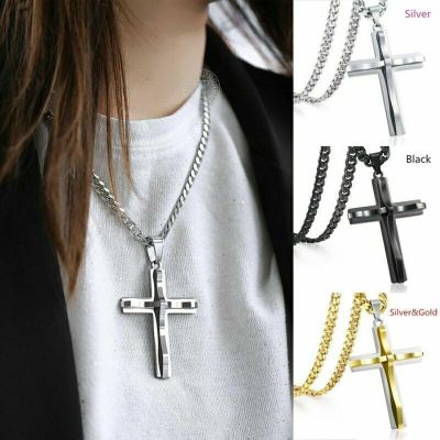 Mens Necklace With Cross Charm Cuban Chain Pendant Necklace Stainless Steel Cuban Chain Necklace Mens Charm Jewelry Punk Cross Pendant Necklace