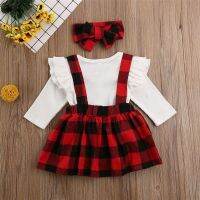 0-18 Months Newborn Baby Girls 3-Piece Sets Solid Color Long Sleeve Romper Red Plaid Suspender Dress Headdress Christmas Clothes  by Hs2023