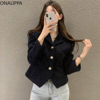 ONALIPPA Tweed Coat 2021 Autumn Female French Vintage Chic Single-Breasted Suit Collar Slim-Fit Waist Long-Sleeved Short Jacket