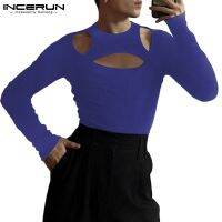 COD  ♗Incerun เสื้อยืดลําลองสําหรับผู้ชายแขนยาวสีพื้นทรงสลิมฟิต❈