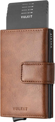 VULKIT Pop Up Wallet, Leather Automatic Credit Card Holder Wallet RFID Blocking Bifold Pocket Wallet with Banknote Slot for Women Men Brown