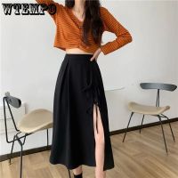 【CC】✆  WTEMPO 2023 Fashion Girls Side Slit Skirt Streetwear Waist Mid-Calf Preppy Lace-up Pleated