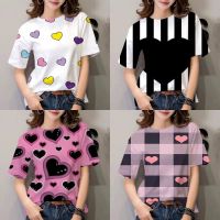 2023 NewWomen S T-Shirt Summer 3D Printed Heart Pattern Casual Slim Short Sleeve Top