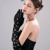 ☄ Wedding Gown Satin Long Imitation Pearl Gloves