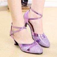 Women Ballroom Tango Latin Salsa Dancing Shoes Sequins Pointy Toe Buckle Shoes Middle Wedges High Heel Shallow Beautiful Sandals