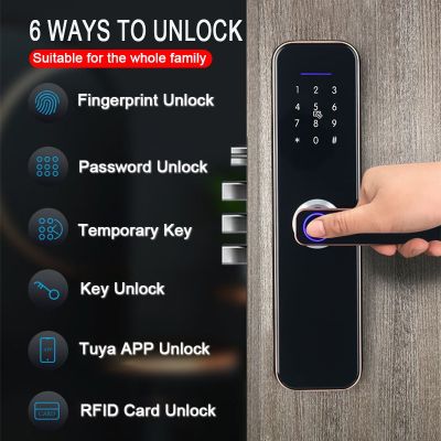 Tuya ประตูล็อคอัจฉริยะอิเล็กทรอนิกส์ Wi-Fi พร้อมลายนิ้วมือไบโอเมตริกซ์/ สมาร์ทการ์ด/รหัสผ่าน/ปลดล็อคกุญแจ/USB ชาร์จฉุกเฉิน