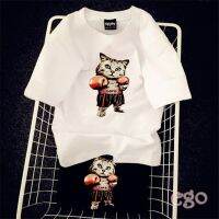 ยิงลูกแมวคู่มวยเกาหลีแขนสั้นเสื้อยืดพิมพ์เสื้อหลวมเงินขนาดใหญ่