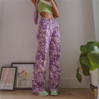 Feiernan Y2k Purple Heart Straight Pants Women Print Causal High Waist Female Trousers 2022 Baggy Wide Leg Full Length Bottoms