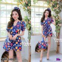 SS12499 Jumpsuit จั๊มสูทขาสั้น ป้ายอก มีเชือกผูกเอว+โดนัทมัดผม+กระเป๋าลายดอก