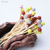 ☏№ 50Pc Football Disposable Bamboo Fruit Forks Basketball Baseball Tennis Cake Food Pick for Sports Theme Birthday Party Decoration