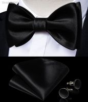 ❦✟ Adjustable Mens Solid Self-tie Bowtie Handkerchief Cufflinks Sets Classic Black Bow Tie for Man Wedding Business Butterfly Knot