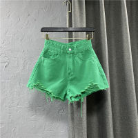 Summer New Style Korean Wide Leg Pants Candy Color Ripped Denim Shorts Female High Waist Green A-line Hot Shorts Pants