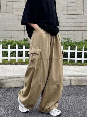 กางเกงขากว้างฮิปฮอปดำกระเป๋าผู้หญิง,เครื่องแต่งกายแนวสตรีทฮาราจูกุกางเกงผู้หญิงคาร์โก้สีกากีทรงโอเวอร์ไซส์ MODE Korea