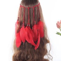 Fashion Feather Headband Boho Feather Beads Braided Ribbon Headdress Indian Feathers Hair Rope Headwear Tribal Hair Accessories