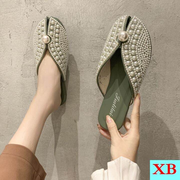 fish-mouth-sandals-womens-summer-fashion-outer-wear-flat-pearl-toe-cap-half-slippers-lazy-muller-shoes-influencer