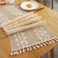 Stitching Pastoral Crochet Knitting Hollow Lace Tassel Table Runner Desktop Decoration Dustproof Use for Home Party Dining Table