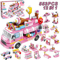 553PCS Girls Sets Ice Cream Trucks Car Building Blocks Children Ice Cream Vans Toys Kids Bricks Play Home Model Educational Gift
