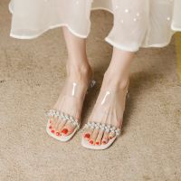 French transparent crystal diamond with outside a word with thick with high heels sandals women summer wear sandals of pearl 789-21