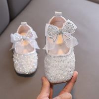 2021 New Girls Princess Shoes Childrens Fashion Bow Rhinestone Sequin Kids Shoe Baby Girls Party Student Flat Leather ShoesTH