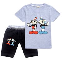 Cute Baby Cuphead Line Shirts Kids Boys Girls Clothing Cartoon Cotton Short Sleeve set T-shirt + shorts 2-piece set
