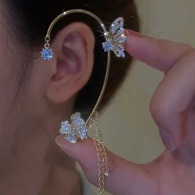 【YF】 Shiny Zircon Butterfly Ear Cuff Gold Color Tassel Clip On Earrings For Women Korea Style Flower Earring Without Piercing Jewelry