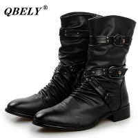 QBELY รองเท้าบูทหนังผู้ชาย,รองเท้าบูทสีดำลายพังก์ร็อค