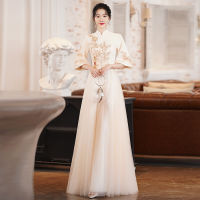 ชุด Wedding gowns for bride Evening Dress White Embroidered Bridesmaid Cheongsam Host Performance Costume Party Womens Dress H798 ชุด แต่งงาน